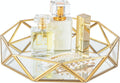 Feyarl Gold Glass Perfume Tray Mirror Vanity Jewelry Trinket Organizer Tray Ornate Cosmetic Makeup Display Decorative Coffee Table Tray for Wedding Home Decor Dresser Tabletop Countertop (9.5inch)
