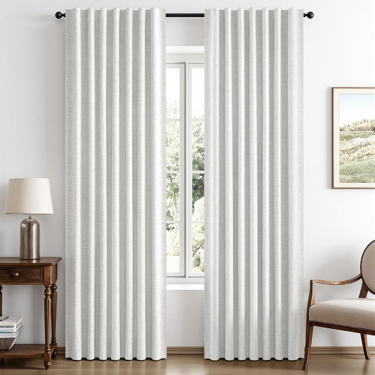 Cortinas MIULEE 100% Opacas de Lino – Blanco Jaspeado, 42x90", Aislamiento Térmico, 2 Paneles