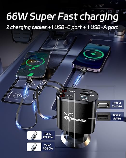 DreamBee Cargador retráctil para automóvil, cargador de teléfono USB para automóvil súper rápido de 66W, cables retráctiles dobles Tipo C, regalos para hombres y mujeres, accesorios para automóvil