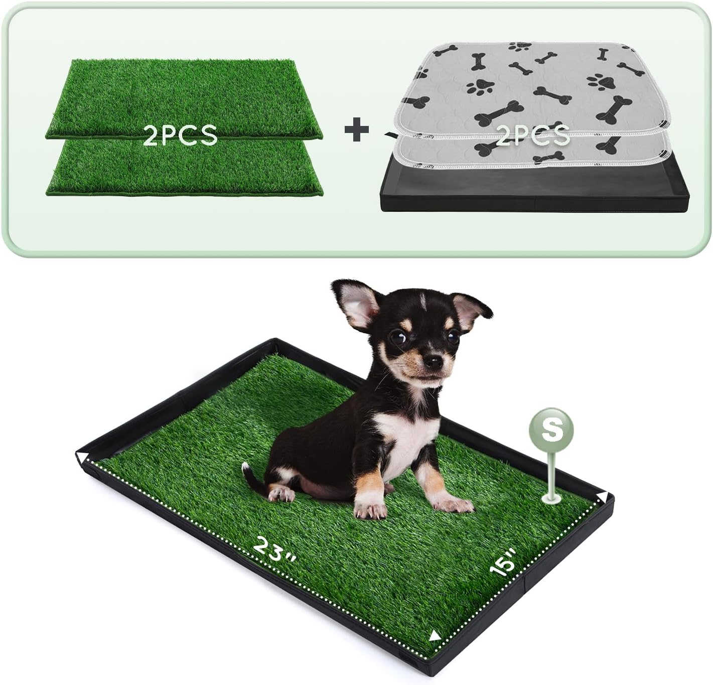 Dog Grass Pad with Foldable Litter Box - 2-Pack Reusable Pee Pads - Ultra-Absorbent 4-Layer System - Machine Washable - Odor-Free - Small 23"x15" for Dogs Under 10 lbs
