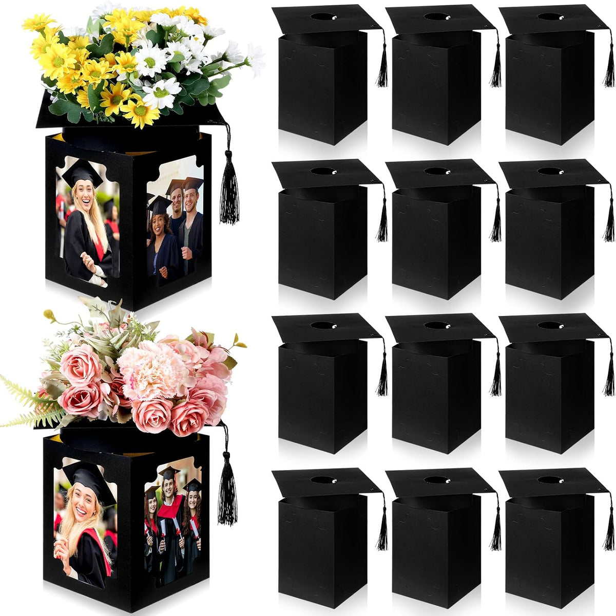 Youyole 12 piezas de centros de mesa con cajas para fotos de graduación 2026, portafotos para decoración de mesa de la clase de 2026, accesorios para fotos de fiesta de graduación de 6x4 pulgadas para felicitar a los graduados (gorro, negro)