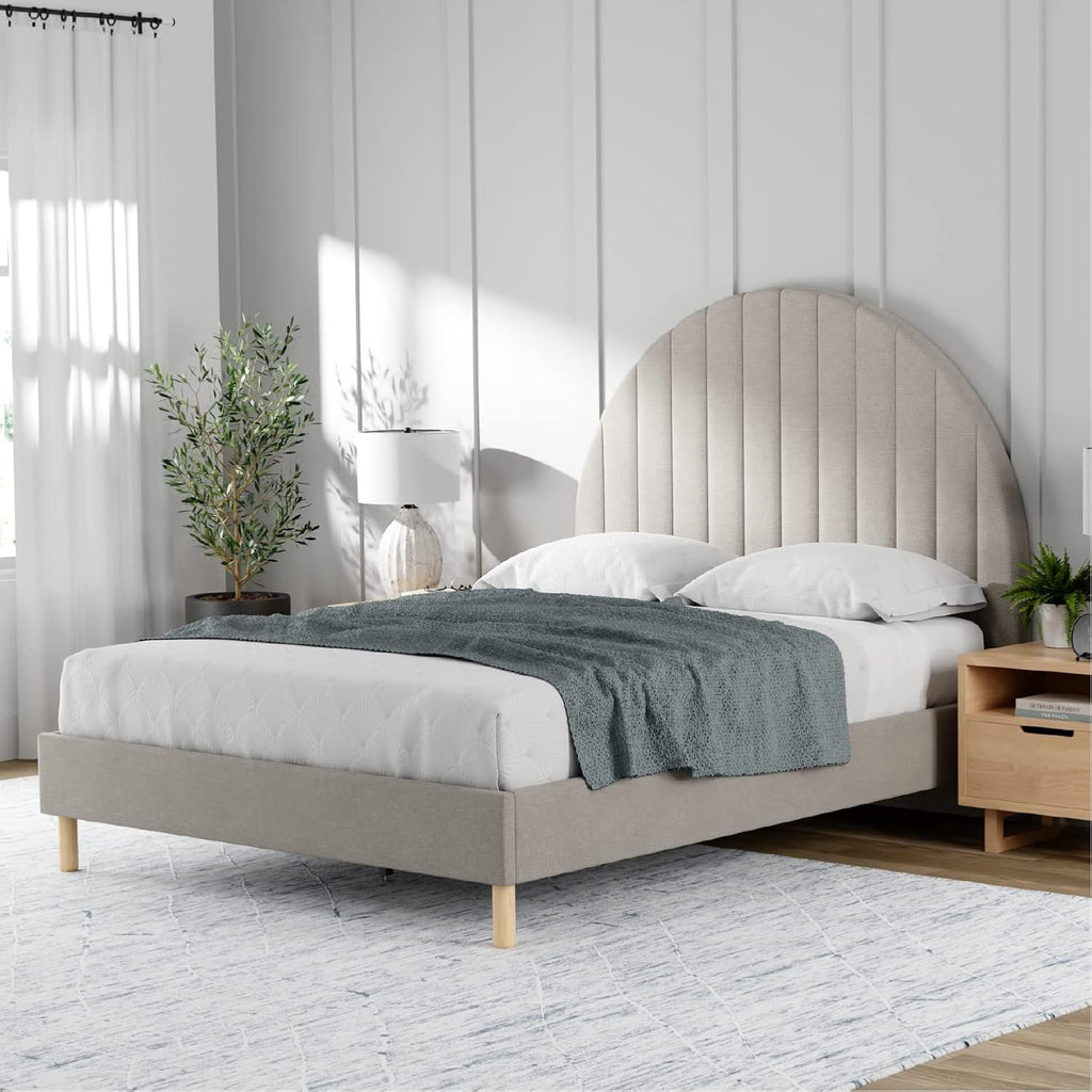 Cabecero Arqueado Stead con Base de Cama – Tamaños King y Queen – Plataforma Tapizada para Dormitorio Moderno y Estilo Mid Century – Gris