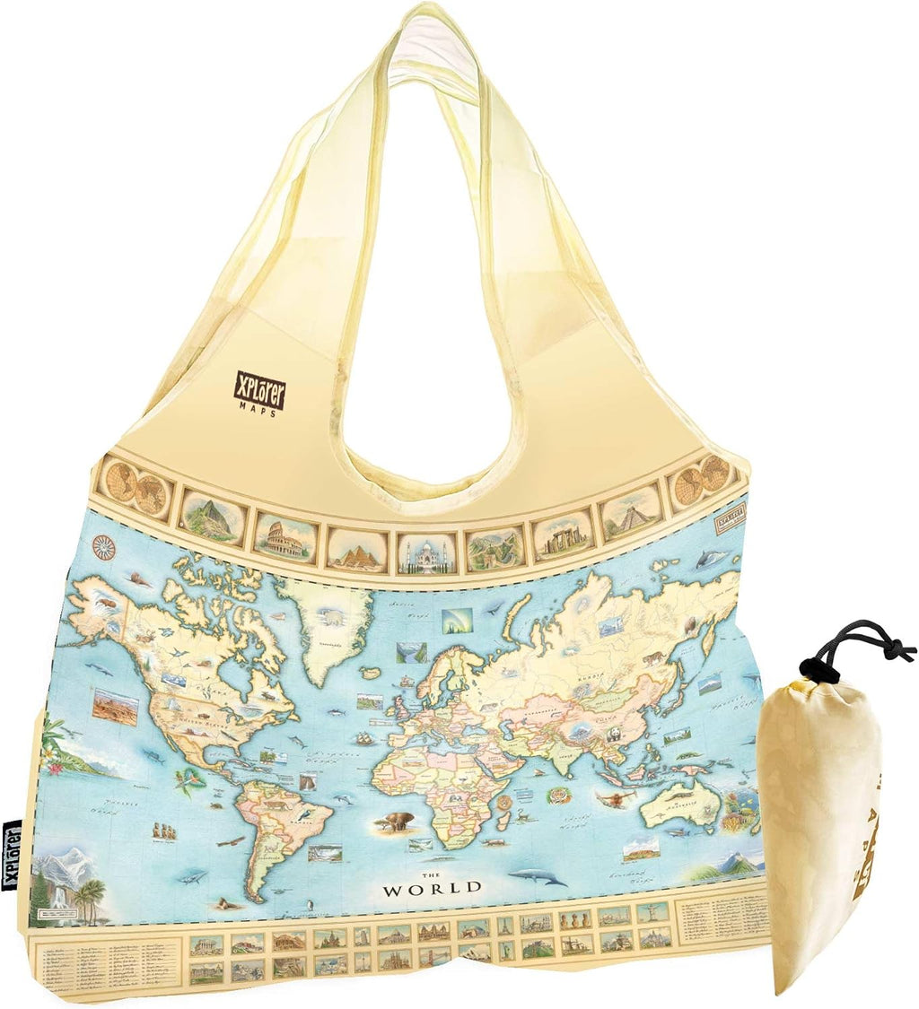 Bolsa de transporte con asas para mapas del mundo Xplorer Maps: bolsa de la compra reutilizable y ecológica, plegable y lavable, de nailon, resistente y compacta, de 45,7 x 63,5 cm (18" x 25").