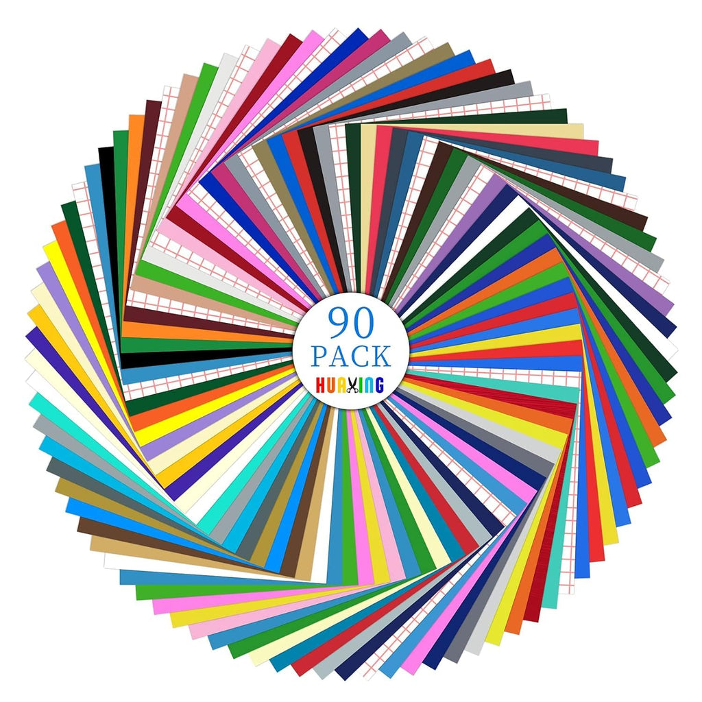 Paquete de vinilo adhesivo permanente Huaxing - 90 láminas de vinilo (30 x 30 cm, brillante, mate, metálico) para la mayoría de las máquinas de corte y decoración de fiestas, pegatinas, cortadoras de manualidades, calcomanías para automóviles.
