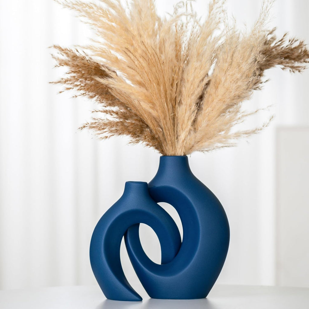 Lvases Set de 2 Jarrones de Ceramica Huecos | Estilo Nordico Moderno Boho, Decorativos para Sala y Mesa de Centro (Azul Marino Mate, 6.3 x 8.4 Pulgadas)