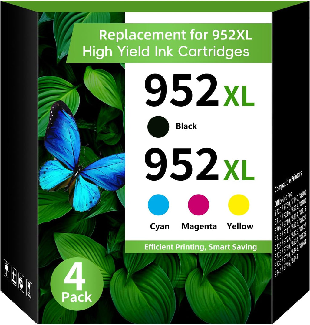 Paquete 952XL (paquete de 4, negro, azul ,amarillo y magenta) Reemplazo para cartuchos de tinta HP 952XL Paquete combinado de tinta HP 952XL negro y 952 de color para impresoras HP OfficeJet 8702 Pro 8710, 7740, 8720, 8725, 8210, 8740, 8715