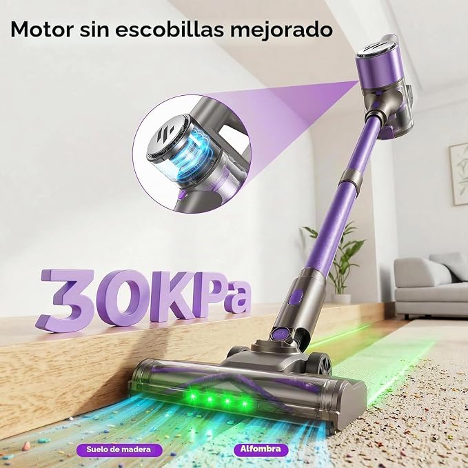 Aspiradora inalámbrica, aspiradora para el hogar con motor sin escobillas, aspiradora ligera con autoestable y pantalla táctil, aspiradora de piso de madera dura para pelo de mascotas, alfombras