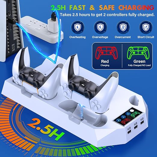 Base de Enfriamiento para PS5, PS5 Slim y PS5 Pro – Estación de Carga para Controles, Ventilador y 3 Puertos USB