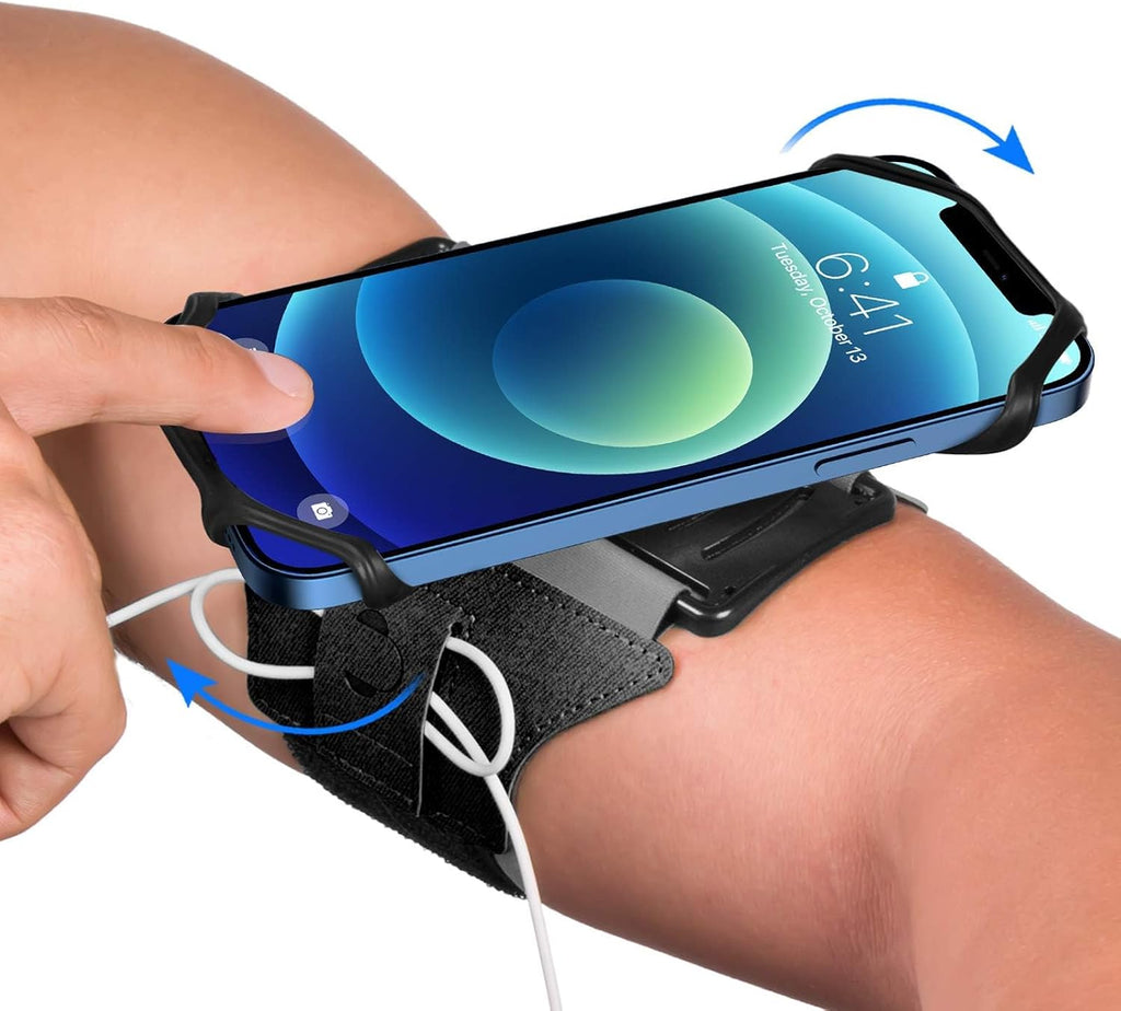 Brazalete para correr VUP rotatorio 360° compatible con iPhone 17/16/15/14/13/Pro Max/Pro/Mini/12/11/SE/Xs/XR/X/8/7/Plus, se ajusta a smartphones de 4 a 6,7 pulgadas (10-17 cm), con soporte para llaves, negro