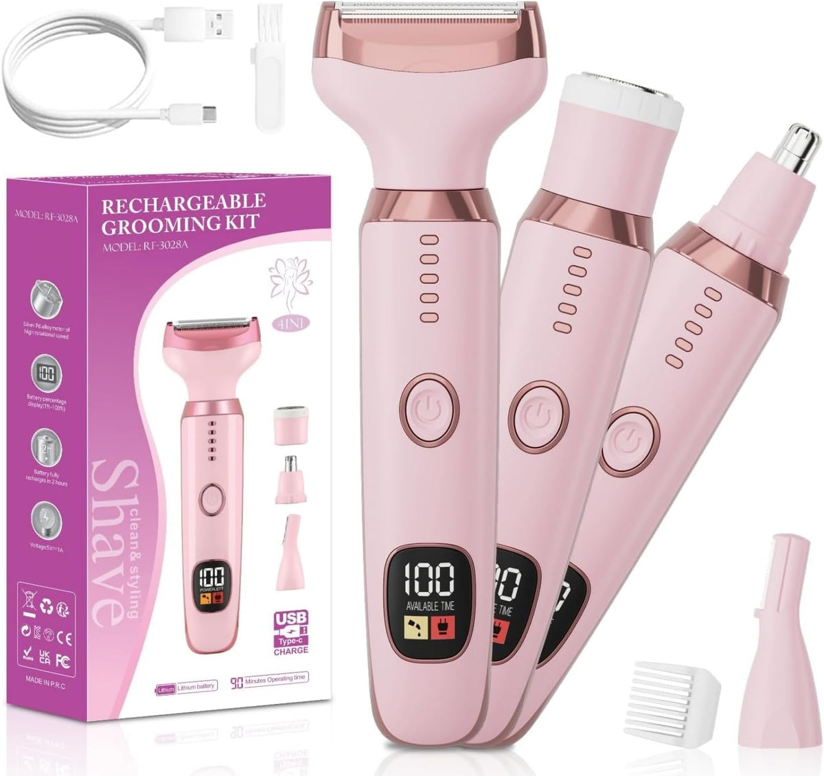 Afeitadora Eléctrica para Mujer 4 en 1 | Depiladora Corporal y Facial en Seco/Húmedo, Recargable con Pantalla LED, Indolora para Nariz, Axilas, Bikini y Piernas, Rosa