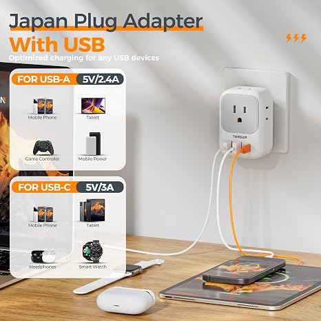 Adaptador de Enchufe TESSAN 2 a 3 Clavijas — 4 Tomas, 3 Puertos USB (1 USB-C), Para Viajes EE.UU. a Japón