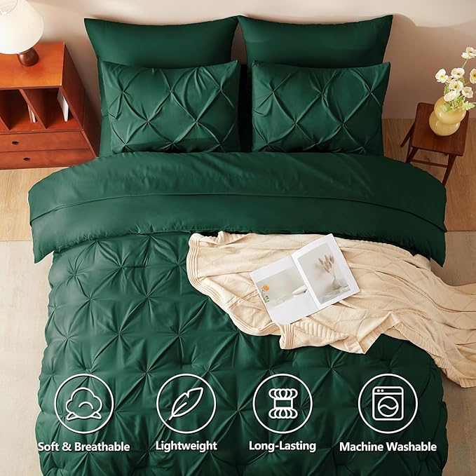 Set de Ropa de Cama CozyLux King – 7 Piezas Verde Esmeralda, Diseño Pintuck Pinch Pleat, Todas las Estaciones