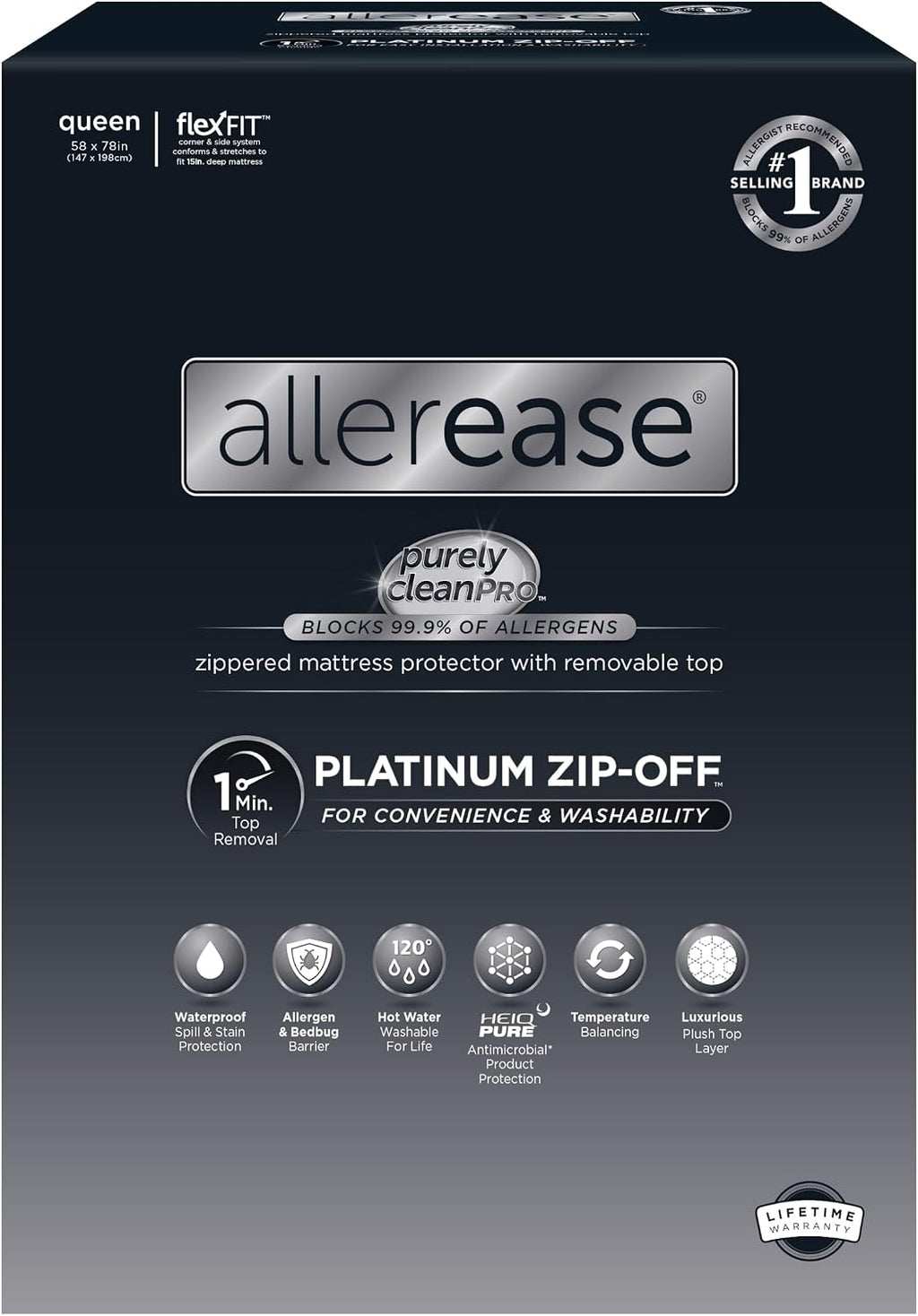Protector de colchón impermeable AllerEase Platinum Zip-Off Top Queen con cremallera de 360 grados, barrera antipartículas, superficie de felpa de lujo que equilibra la temperatura, lavable a máquina por separado (blanco).