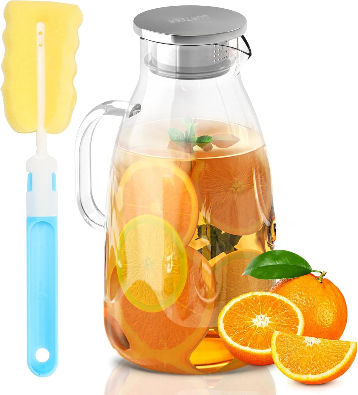 Jarra de Vidrio SUSTEAS 3 Litros 101oz con Tapa y Boquilla | para Agua Fria o Caliente, Te Helado y Jugo | Grande para Refrigerador