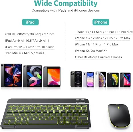 Teclado y Mouse Bluetooth TECURS para iPad — Recargable, Retroiluminación 7 Colores, Negro, Compatible iPad y iPhone