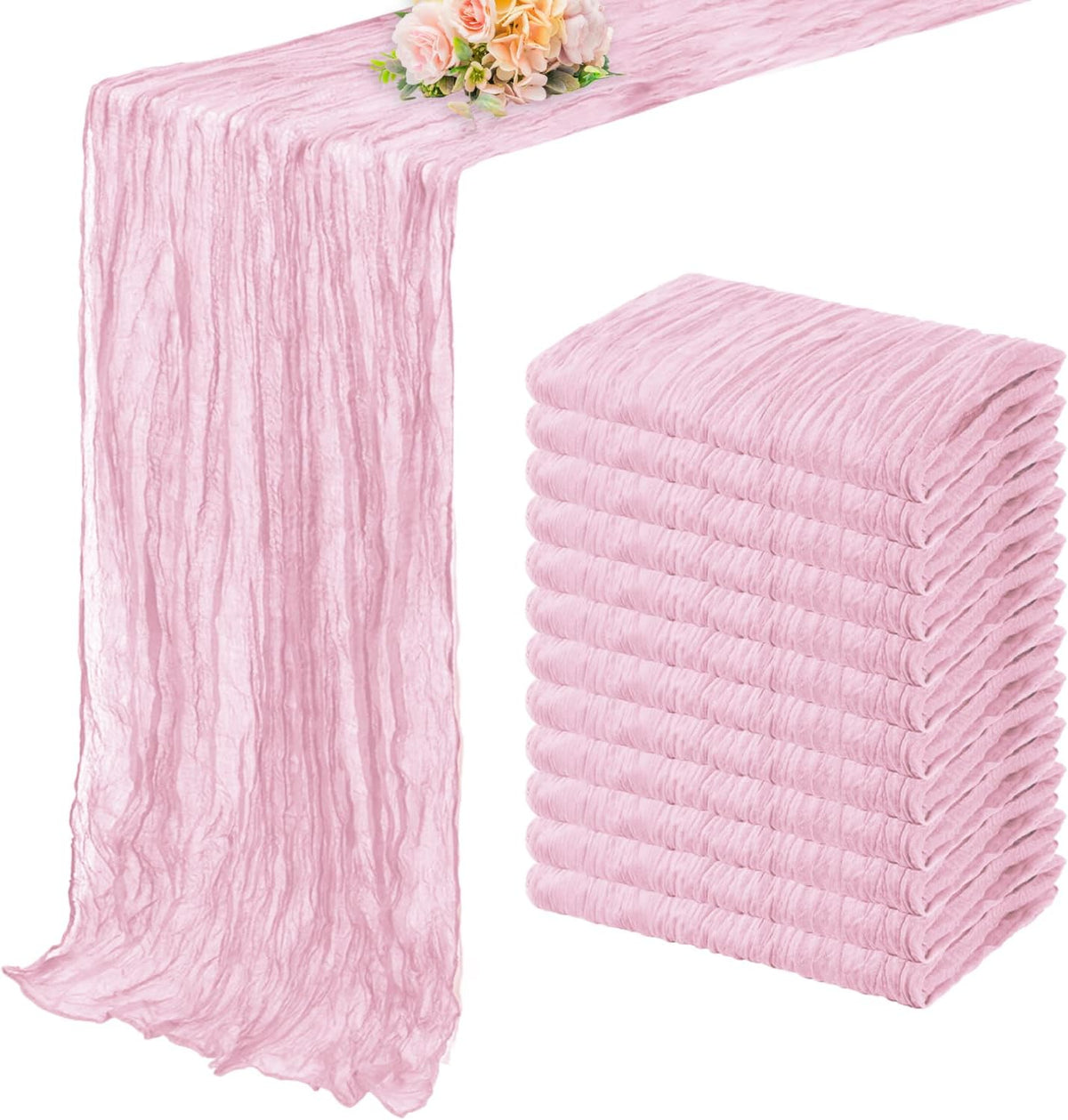 Camino de Mesa de Gasa Rosa Claro | Pack de 12 de 10 pies | Tela Cheesecloth Rustica para Boda | 20x120 Pulgadas | Decoracion Boho para Baby Shower