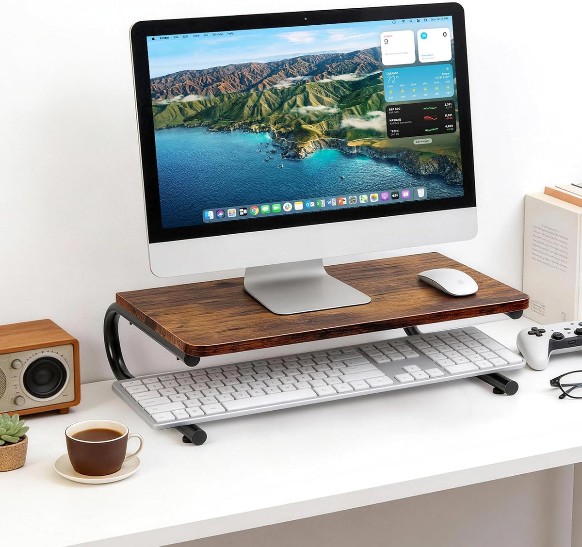 Soporte elevador para monitor ARCOBIS para escritorio, de madera y metal, para ordenador portátil, PC e impresora, color marrón rústico.