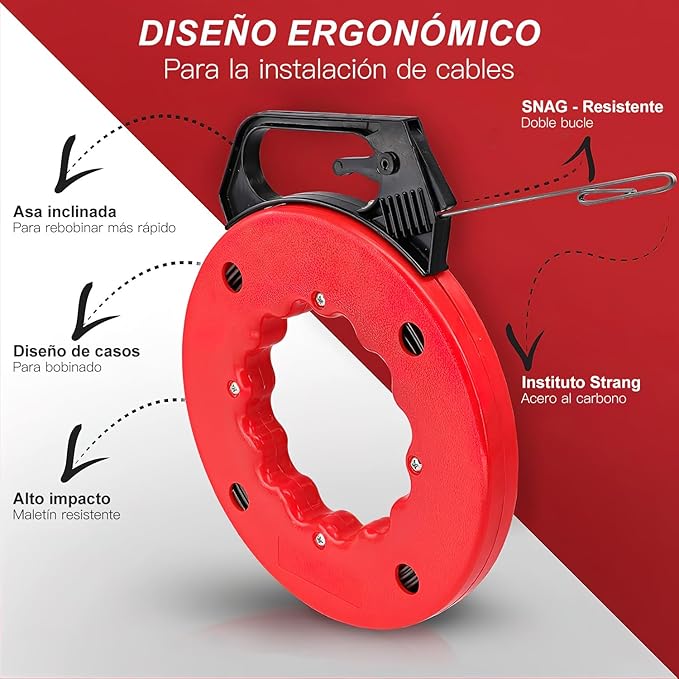 Cinta Pasacables de Acero 30m | Guía Jalacables | Mango Ergonómico | Uso Profesional