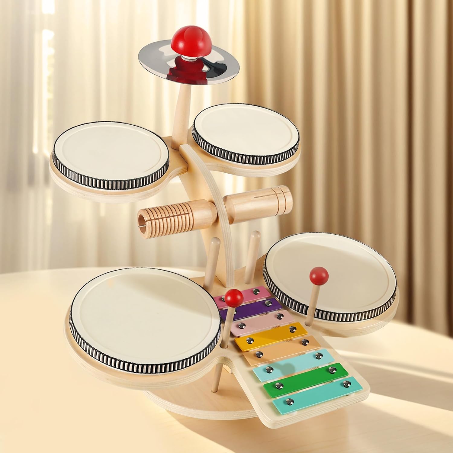 iPlay, iLearn - Batería de madera para niños pequeños, instrumento musical infantil, 8 en 1, con platillo de xilófono, regalo de cumpleaños Montessori para niños de 18 meses, 2, 3, 4, 5 y 6 años 