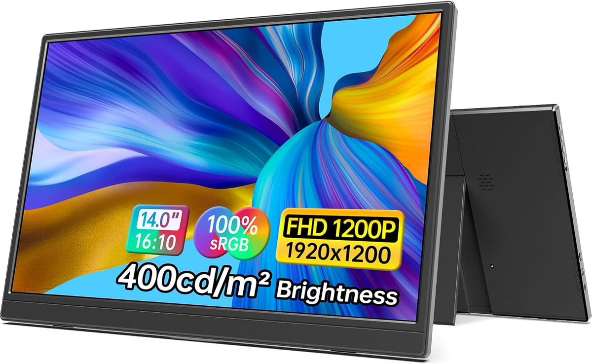 Monitor portátil ForHelp de 14 pulgadas FHD1200P ultradelgado para portátil, USB-C y HDMI Plug & Play, 100% sRGB, altavoces duales, extensor de pantalla. Soporte integrado, para portátil, PC, teléfono, Xbox, PS4/5.