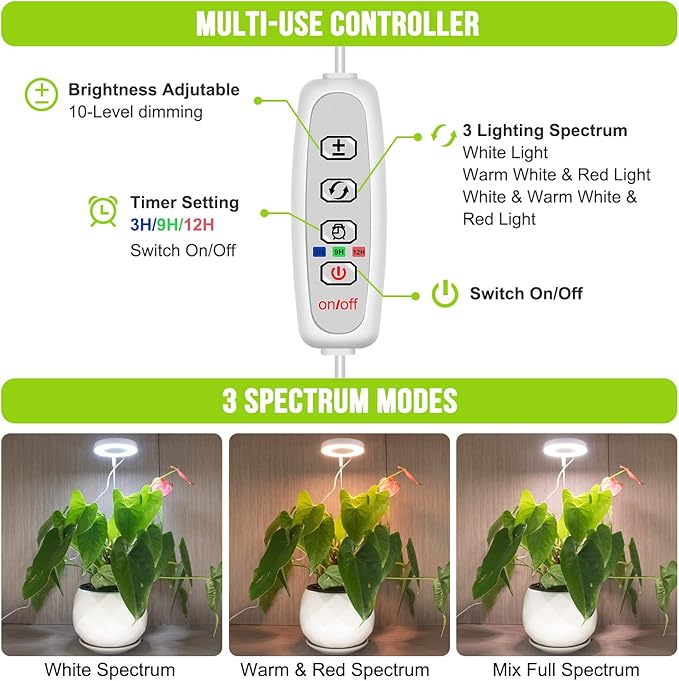 Kullsinss Luces de cultivo para plantas de interior, lámpara de cultivo de halo de espectro completo con base desmontable, altura ajustable, 3 colores, 10 atenuaciones, temporizador automático, luz