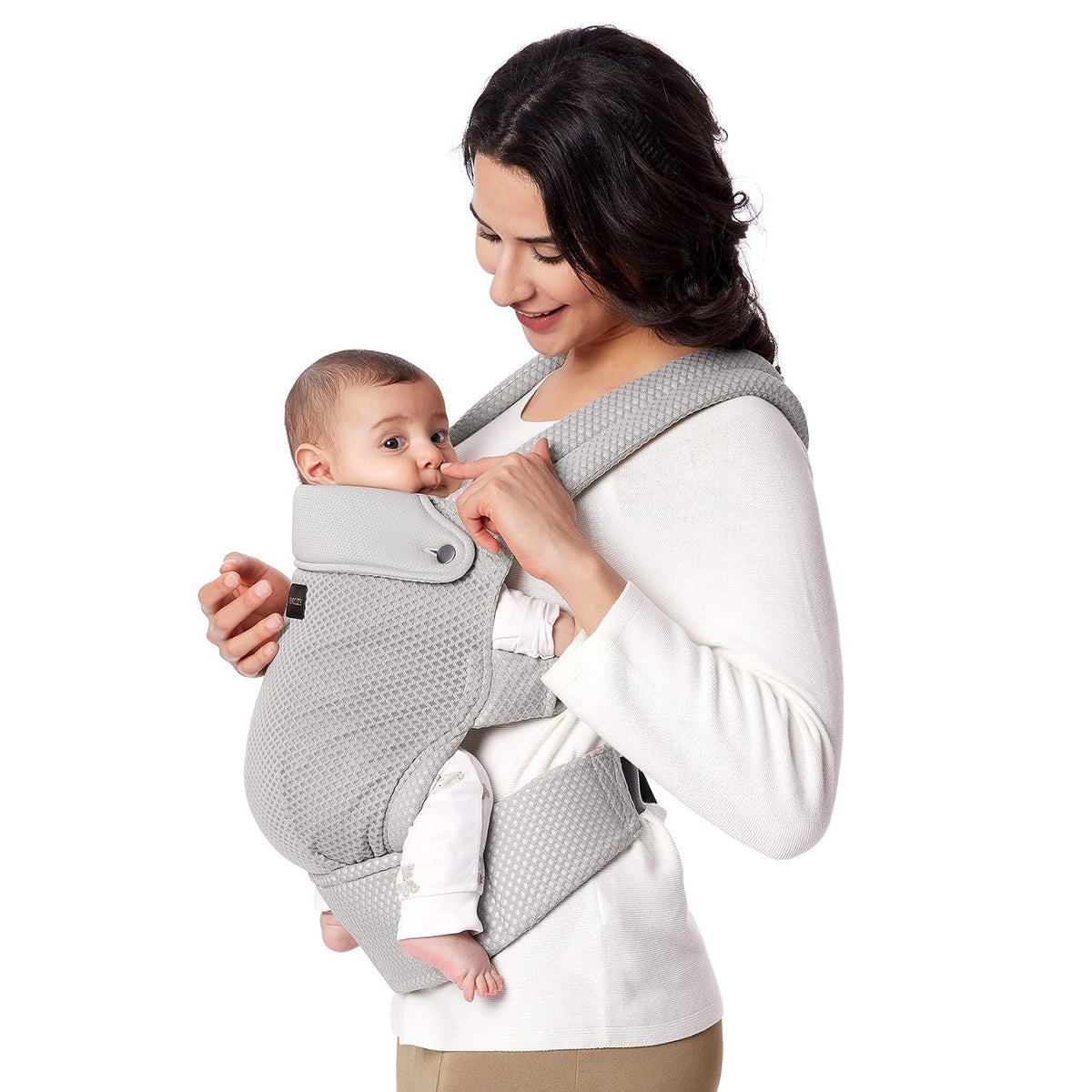 Portabebés Ergonómico Momcozy PureHug | 3 a 20 kg | Malla Transpirable | Soporte Lumbar Mejorado | Fácil de Poner | Manos Libres | Color Gris | 1 Unidad