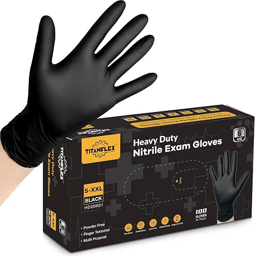 TitanFlex Guantes desechables de nitrilo para examen, 6 mil, color negro, resistente, sin látex, aptos para alimentos para cocinar