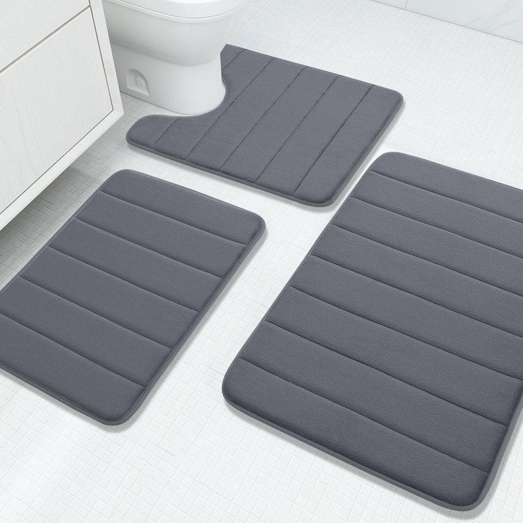 Juego 3 Alfombras de Baño Buganda Memory Foam | Gris Oscuro | Gruesas Antideslizantes Absorbentes | 61x41 + 76x51 + 61x51 cm | Lavables | 1 Set