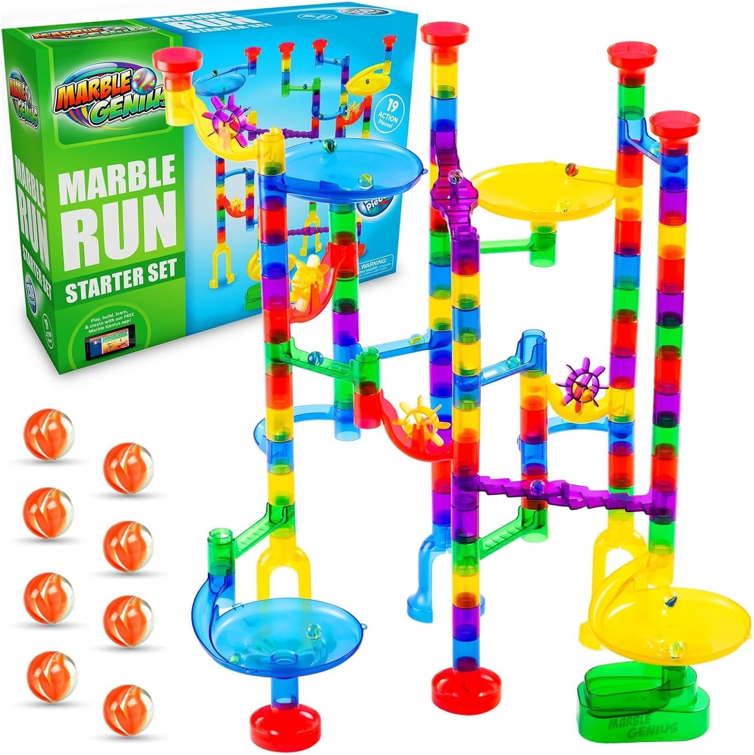 Marble Genius Marble Run Starter Set, STEM Toys & Maze Construction Building - 130 Translucent Track Pieces & Glass Marbles for Family, Kids Toddlers Ages 4-8 - Fun Easter Gifts