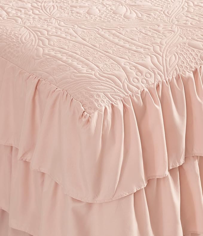 CHIXIN Colcha con Falda de Volantes Estilo Shabby Chic – Tamaño King, Caída 30 Pulgadas, Juego de 3 Piezas | Rosa Elegante