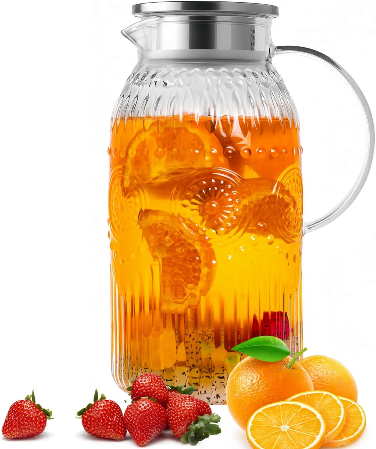 Bandesun Jarra de Vidrio Vintage con Tapa | Vidrio Borosilicato Resistente al Calor | 68 oz / 2 Litros | Con Asa y Pico | Para Nevera, Cafe, Te y Bebidas Frias o Calientes | 1 Unidad
