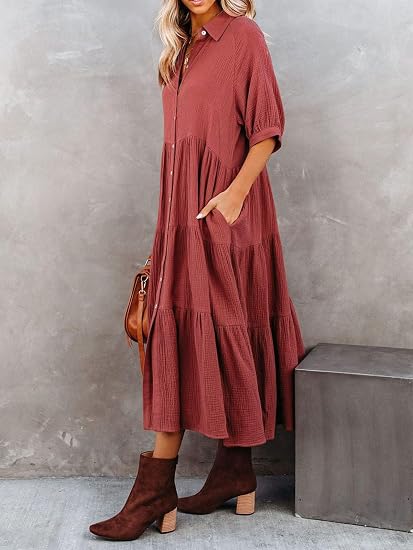 TALLA S-R.Vivimos Vestido de verano para mujer con mangas de media manga, de algodón, con botones, casual, suelto, con abertura