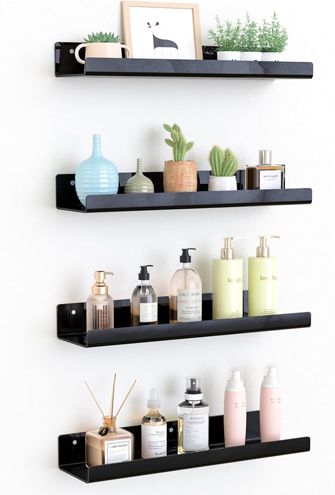 upsimples Estantes acrílicos para decoración de pared, estante de exhibición de 15 pulgadas, organizador de perfumes para baño, dormitorio, sala de estar, estanterías flotantes para niños, negro