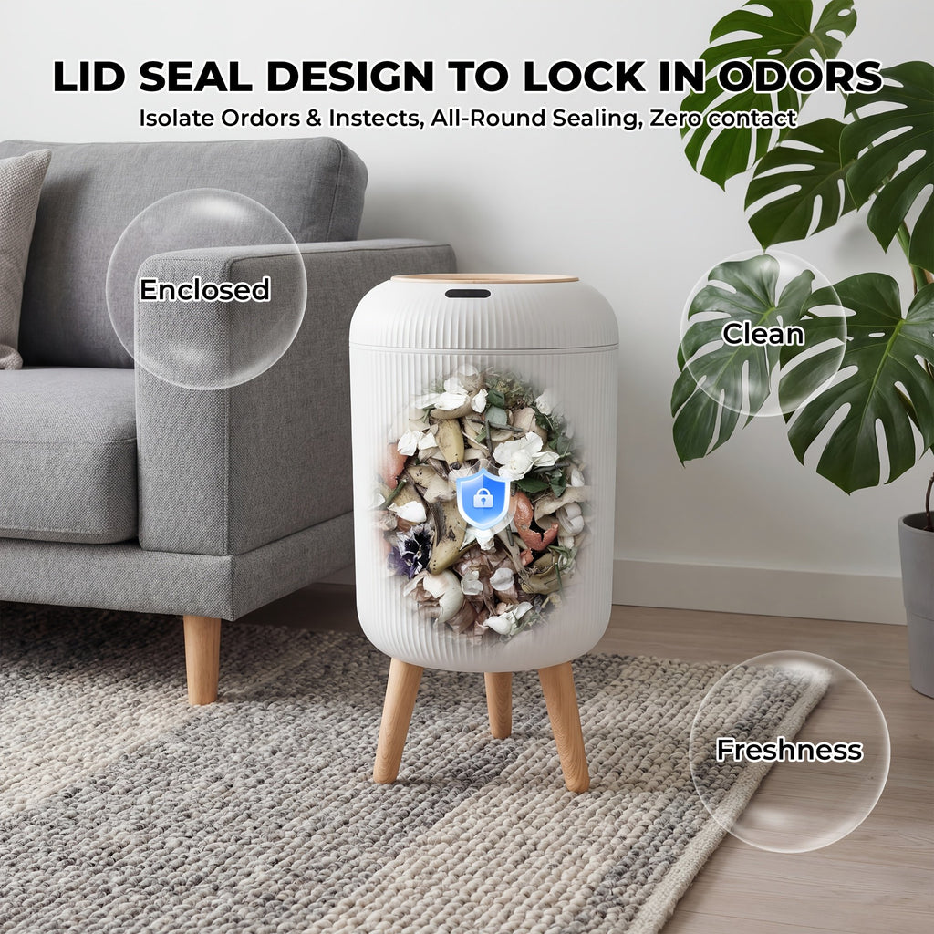Paquete de 2 papeleras inteligentes con sensor: 2,64 gal y 3,17 galones. Contenedores de basura automáticos sin contacto con patas de madera y tapa con sensor de movimiento para cocina, baño, dormitorio y oficina. Diseño moderno y sin olor.
