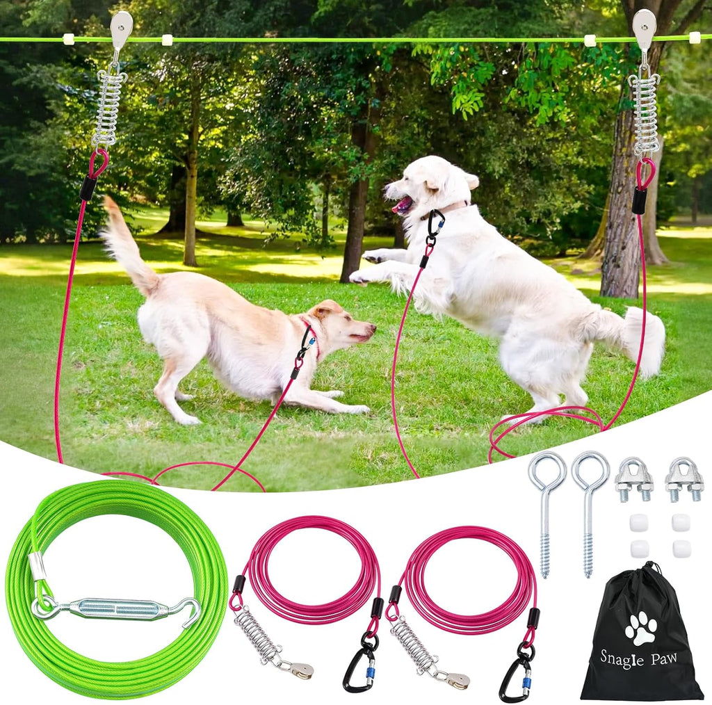 Snagle Paw Heavy Duty Dog Runner for Yard,75ft Dog Run Cable with 10ft & 10ft Pulley for Large Dogs Up to 250lbs, Aerial Zip Line for Backyard, Trolley System for Camping, Park, Outside