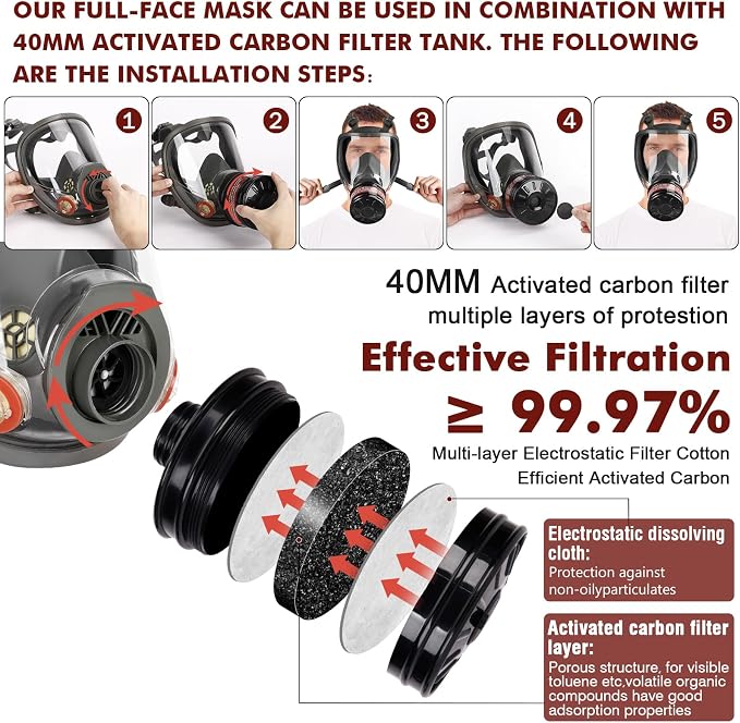 Máscara antigás facial completa - Respirador reutilizable para supervivencia contra gases nucleares y químicos con filtro de carbón activado de 6001cn y 40 mm contra gases