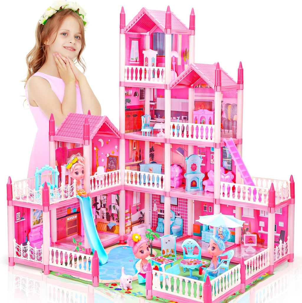 AmiDear Foldable Dollhouse 2025, Dream 3-Story Princess Doll House Playset with Furniture Slide, Pink Toddler Toy House for 3 4 5 6 7 8 9 10 Year Old Girls