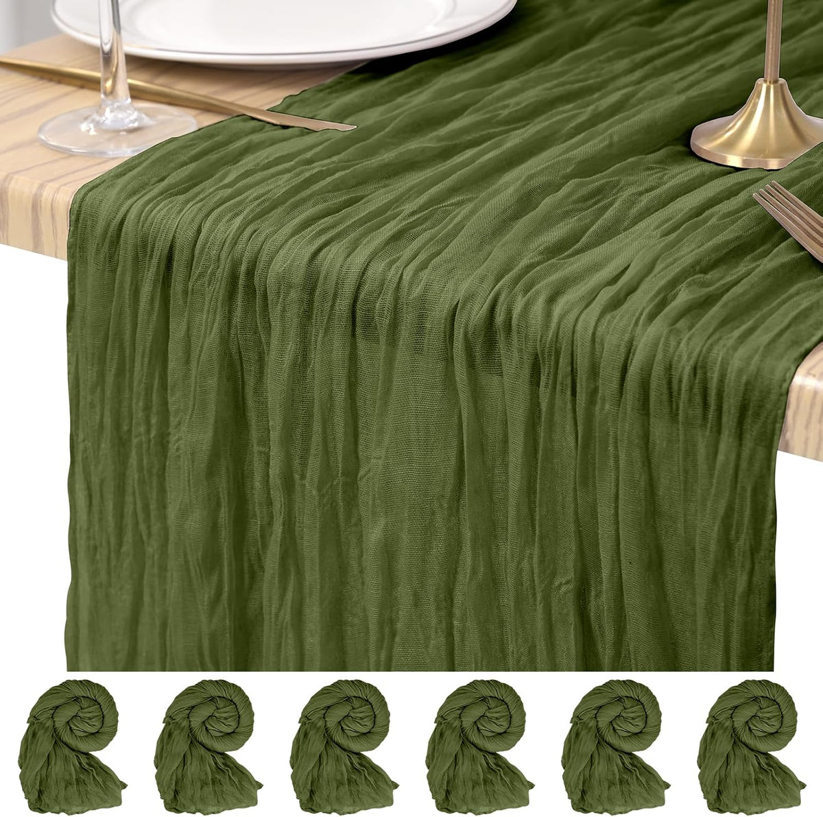 Paquete de 6 caminos de mesa de gasa verde oliva de 3 metros, estilo rústico bohemio. Camino de mesa largo y romántico de tela transparente para bodas, festivales, cumpleaños, aniversarios, cenas y eventos al aire libre.