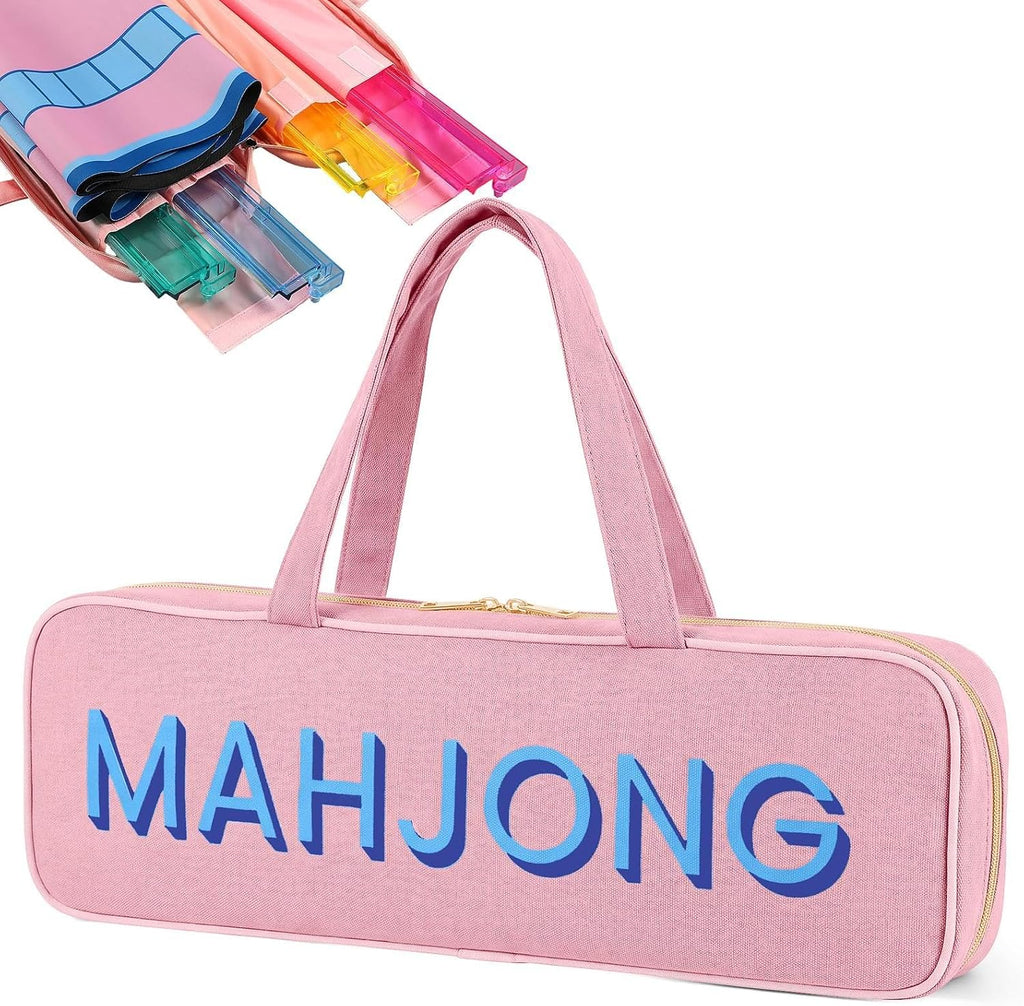Bolsa de lona Cosblank para estantes y tapete de mahjong. Bolsa de almacenamiento vacía para estantes de mahjong con asa, cremallera y 4 compartimentos separados para regalos, accesorios y empujadores de fichas (rosa).