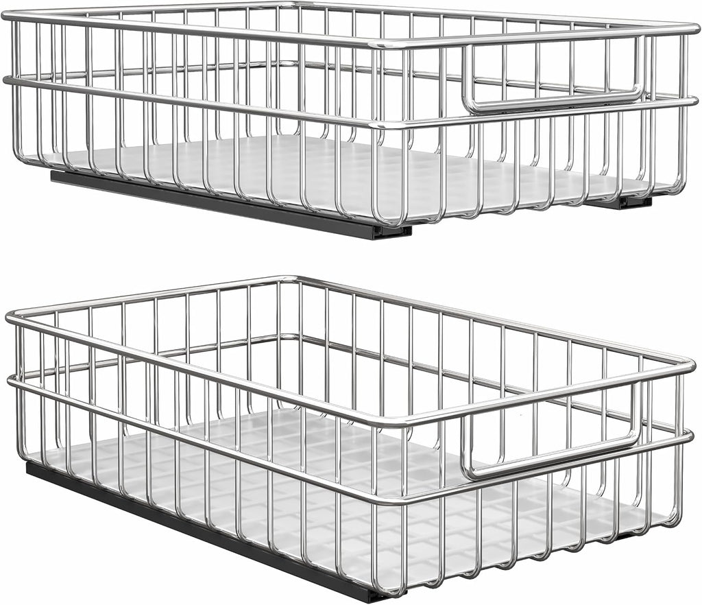 Organizador extraíble para armarios, paquete de 2 cajones deslizantes de acero inoxidable con guías silenciosas de extensión total, cesta extraíble adhesiva para especias, estante para despensa, cocina, baño y armario del hogar.