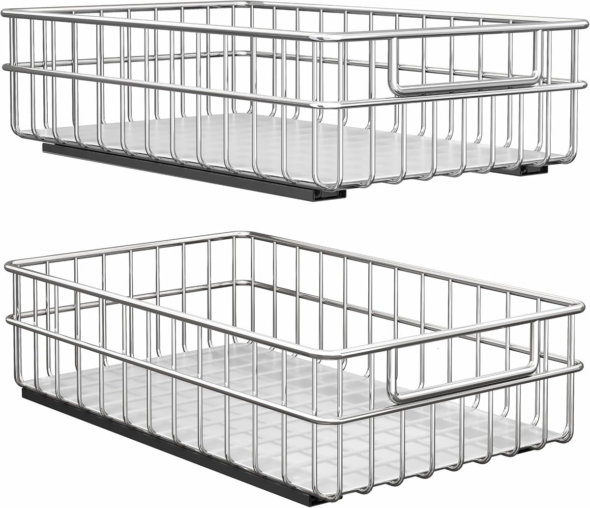 Organizador extraíble para armarios, paquete de 2 cajones deslizantes de acero inoxidable con guías silenciosas de extensión total, cesta extraíble adhesiva para especias, estante para despensa, cocina, baño y armario del hogar.