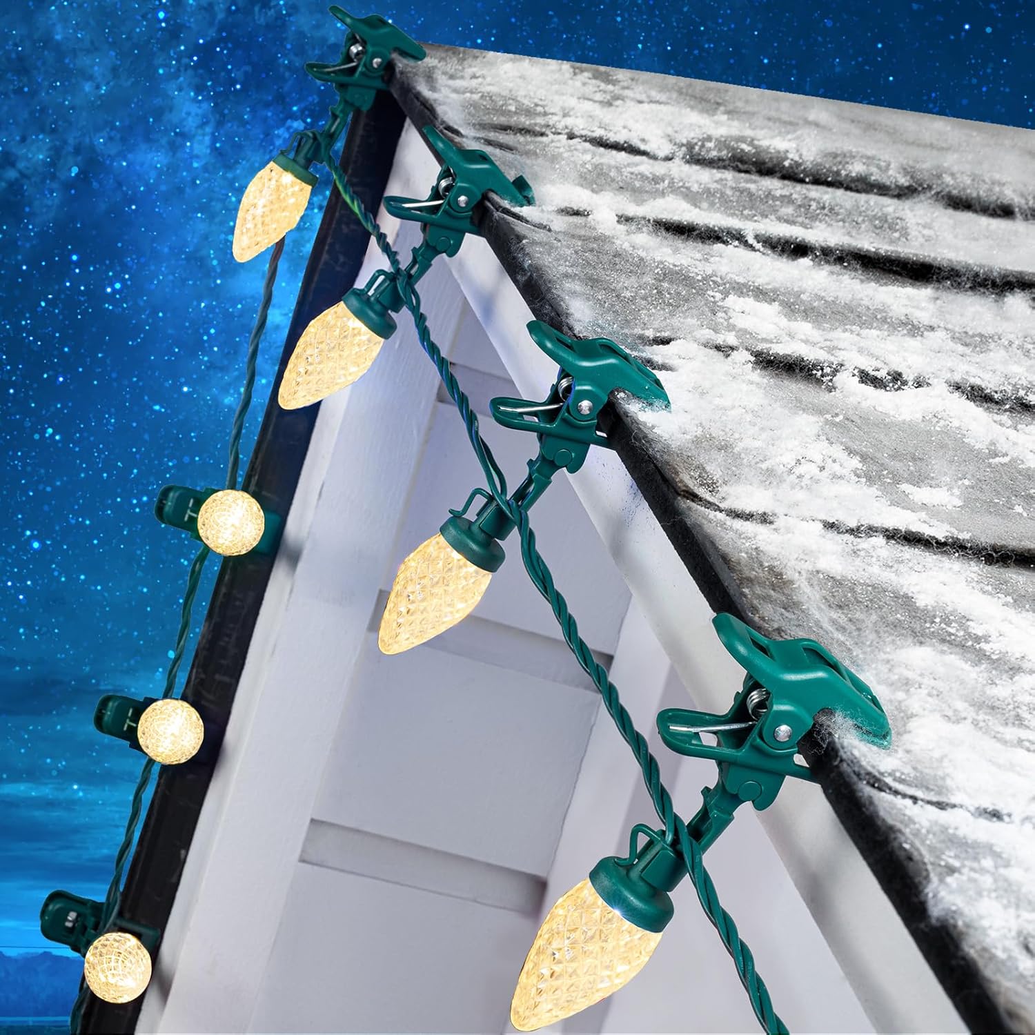 Moonflor C9 LED Christmas Lights – 50ft, 50 Bulbs, Warm White, Commercial Grade with Spring Clips