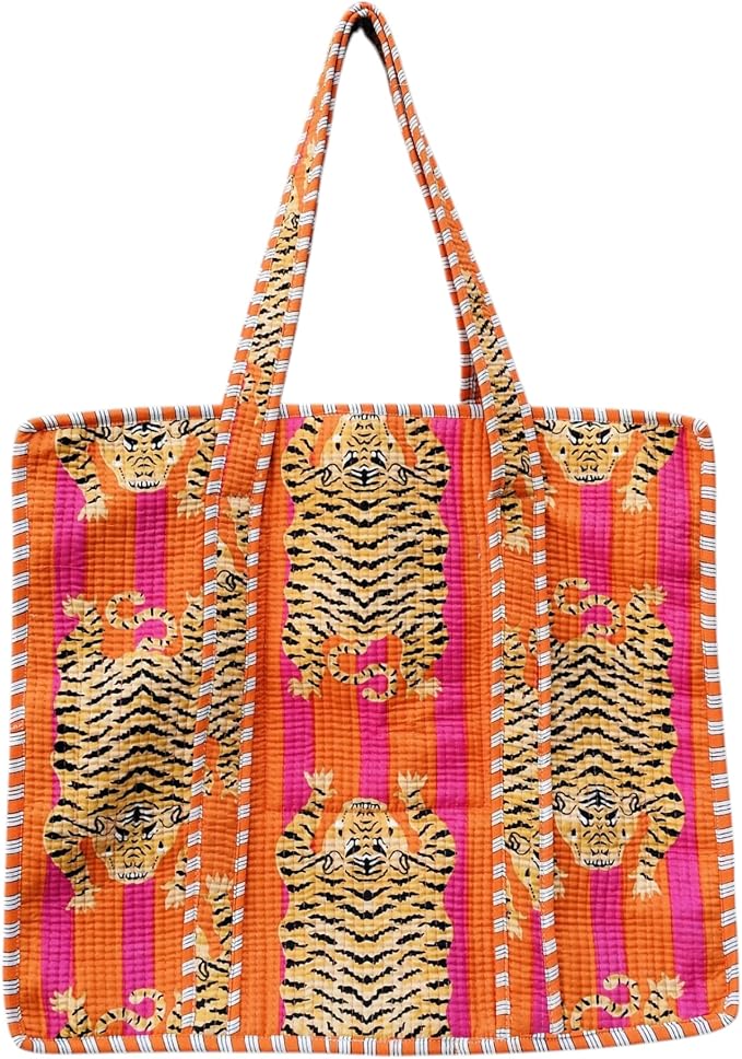 Bolso de mano de algodón reutilizable con estampado de tigre y rayas naranjas y rosas