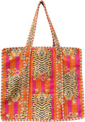 Bolso de mano de algodón reutilizable con estampado de tigre y rayas naranjas y rosas
