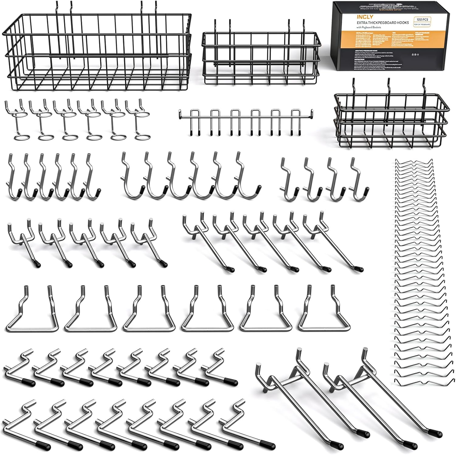 INCLY 1/4" Extra Thick Pegboard Accessories Kit 100PCS - Heavy Duty Metal Hooks Assortment with 3 Size Baskets S/M/L for Garage Wall Organizer