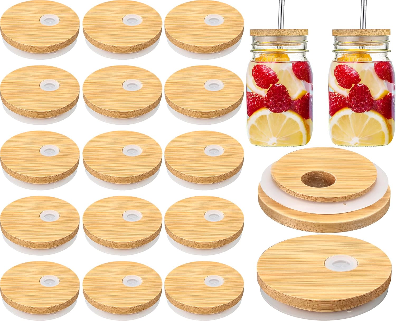 Sieral 70mm Bamboo Jar Lids with Straw Hole for Glass Cups Reusable Wooden Mason Jar Lids for Beer Can Cups, 2.76 Inch Canning cover with Silicone Ring for Regular Mouth Drinking Jars(20 Pcs)