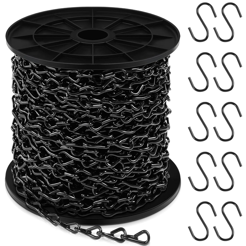 Yaocom Cadena Black Jack Negra de 50 pies con 10 ganchos en S, cadena torcida de acero galvanizado con carrete sin soldadura para accesorio colgante