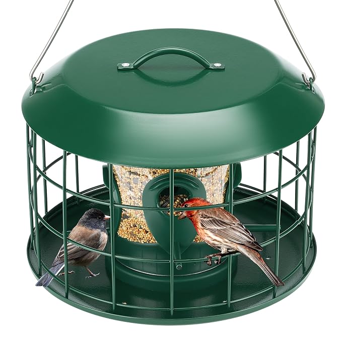 Comederos para pájaros Kingsyard Tube a prueba de ardillas para colgar en exteriores, con jaula metálica | Cubierta impermeable, para aves silvestres, pinzones y azulejos, 4 orificios de alimentación, color verde.