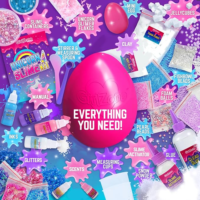Kit para hacer slime con forma de huevo de unicornio brillante de GirlZone. ¡Todo en un huevo grande para crear muchos tipos diferentes de slime! Regalos de cumpleaños fantásticos para niñas.