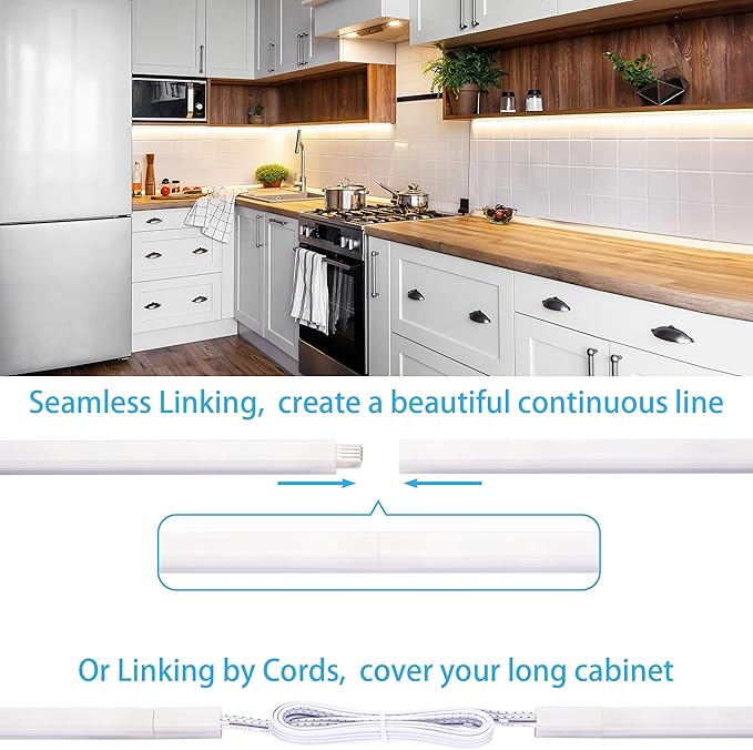 Luces con sensor de movimiento para debajo del gabinete, enchufable, conectables sin problemas, 6 piezas de barras de iluminación debajo del mostrador de 12 pulgadas para cocina, armario, caja.